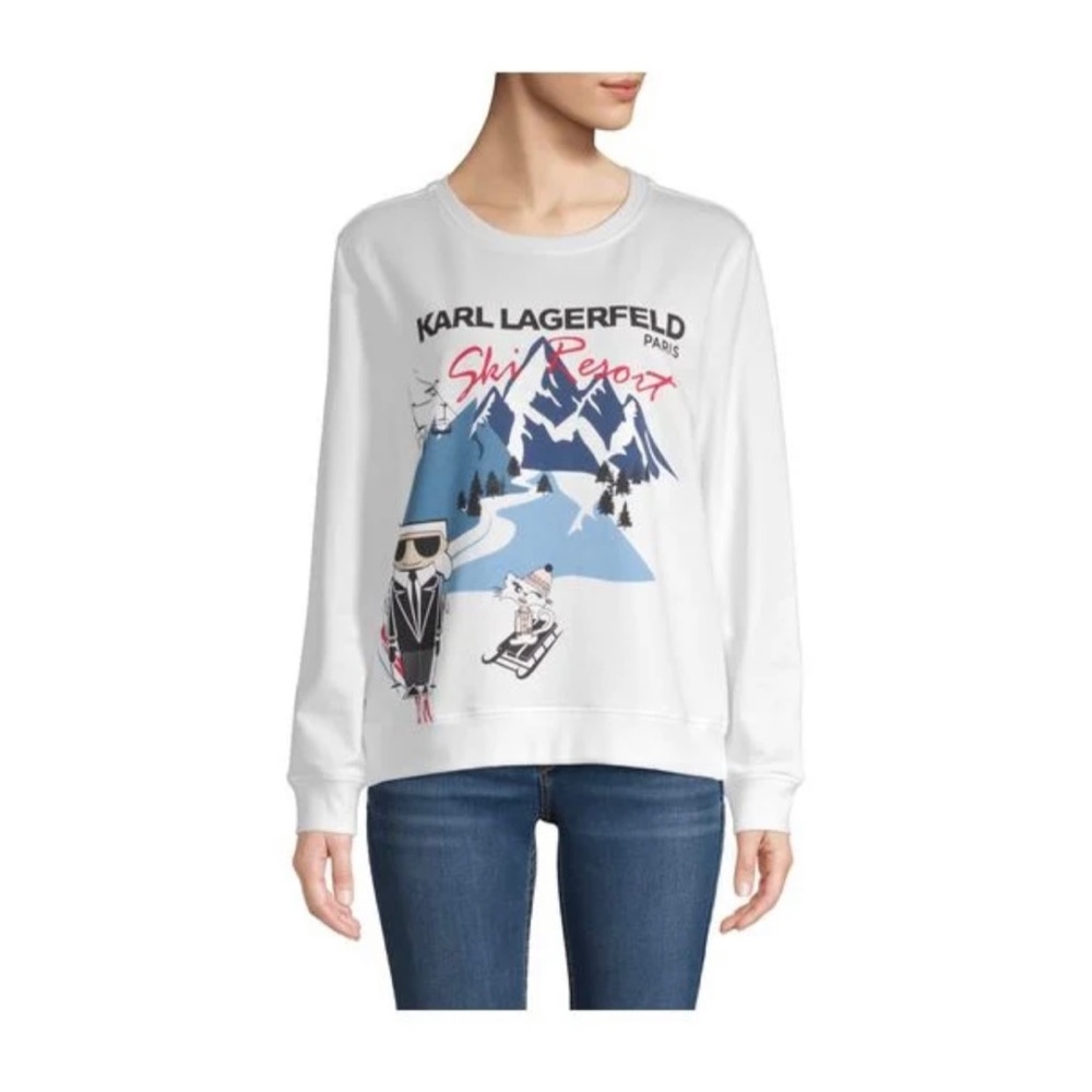 Karl Lagerfeld Paris Ski Resort sweatshirt. Signature on back. Glittery snow.